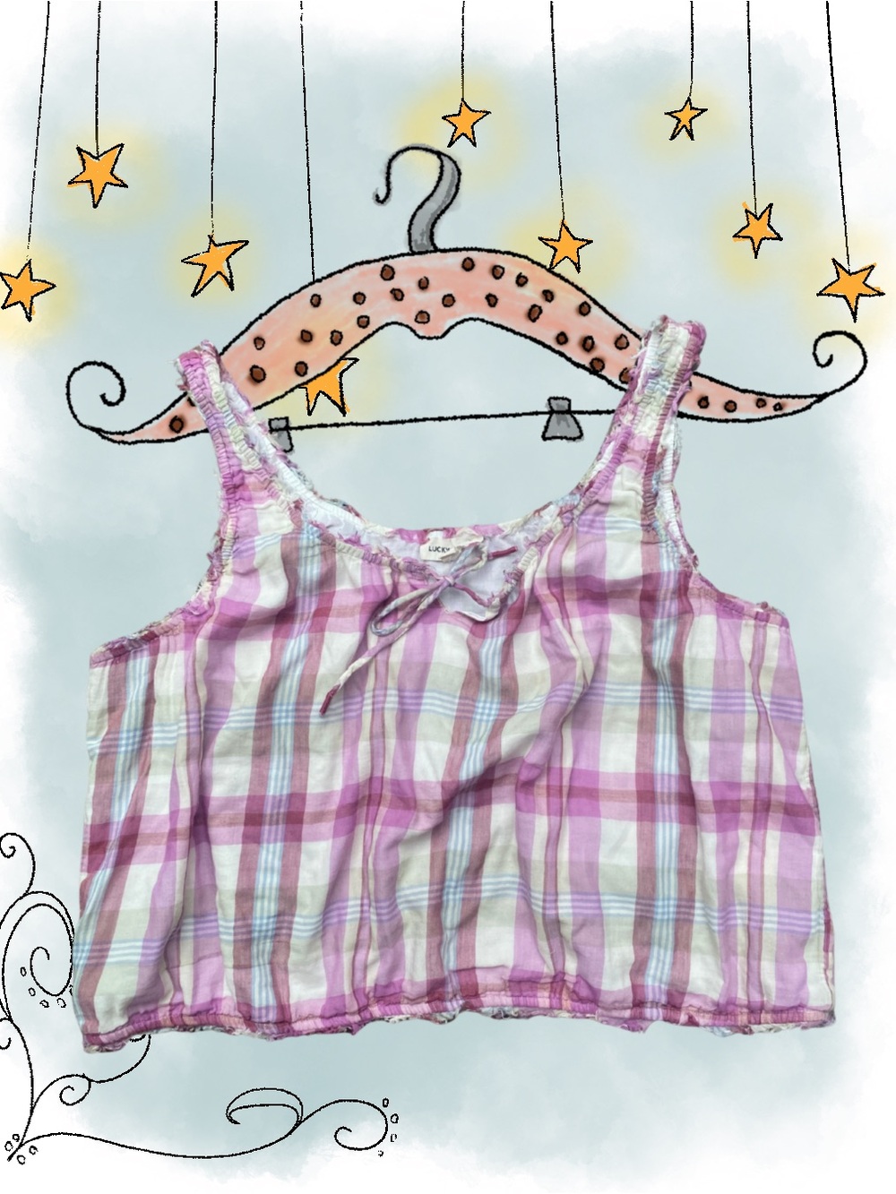 Lucky Brand: White/pink plaid tank top with bow detail, size XXL, 100% cotton